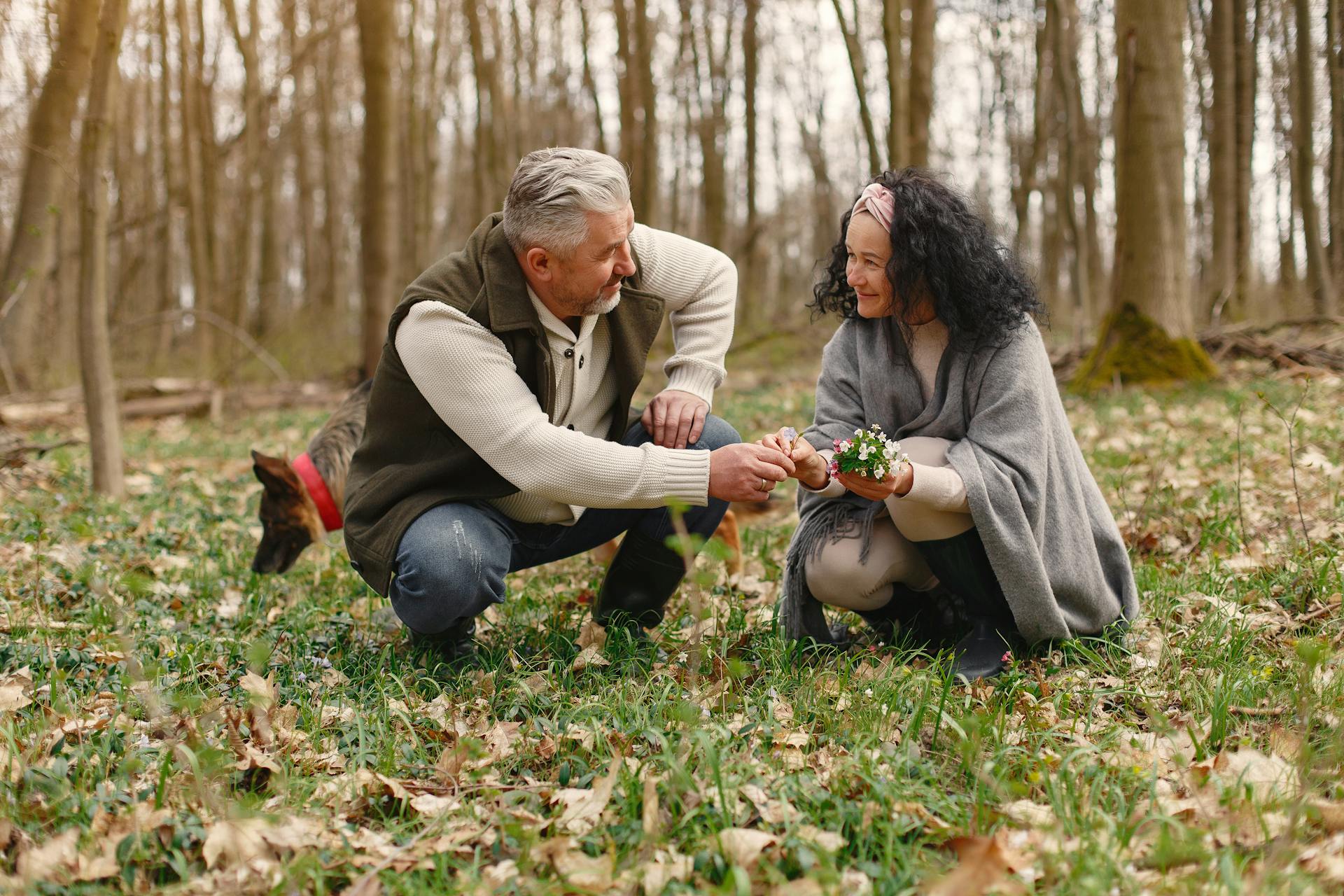 couple de seniors souriant, profitant d’une balade romantique dans un parc ensoleillé